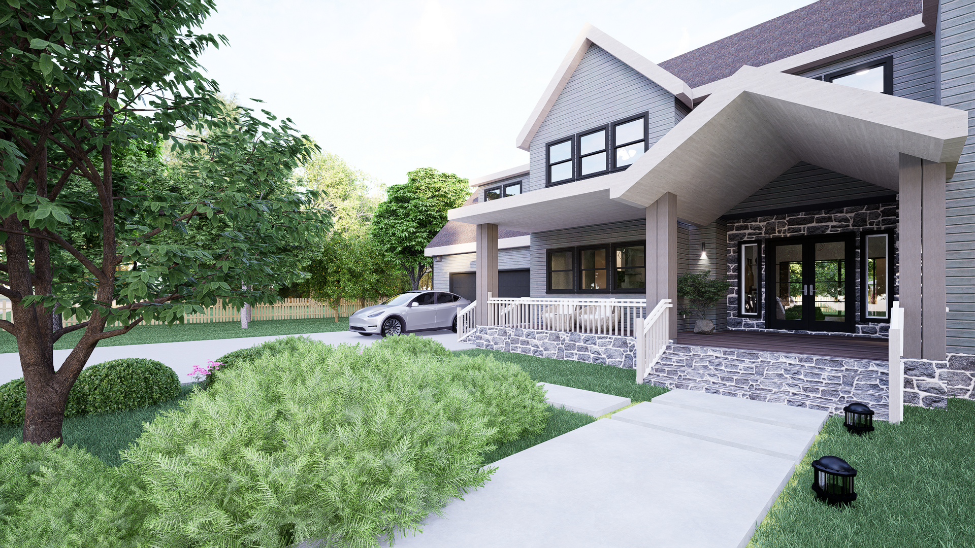 A 3D rendering 3d rendering of a house with a car parked in front of it.