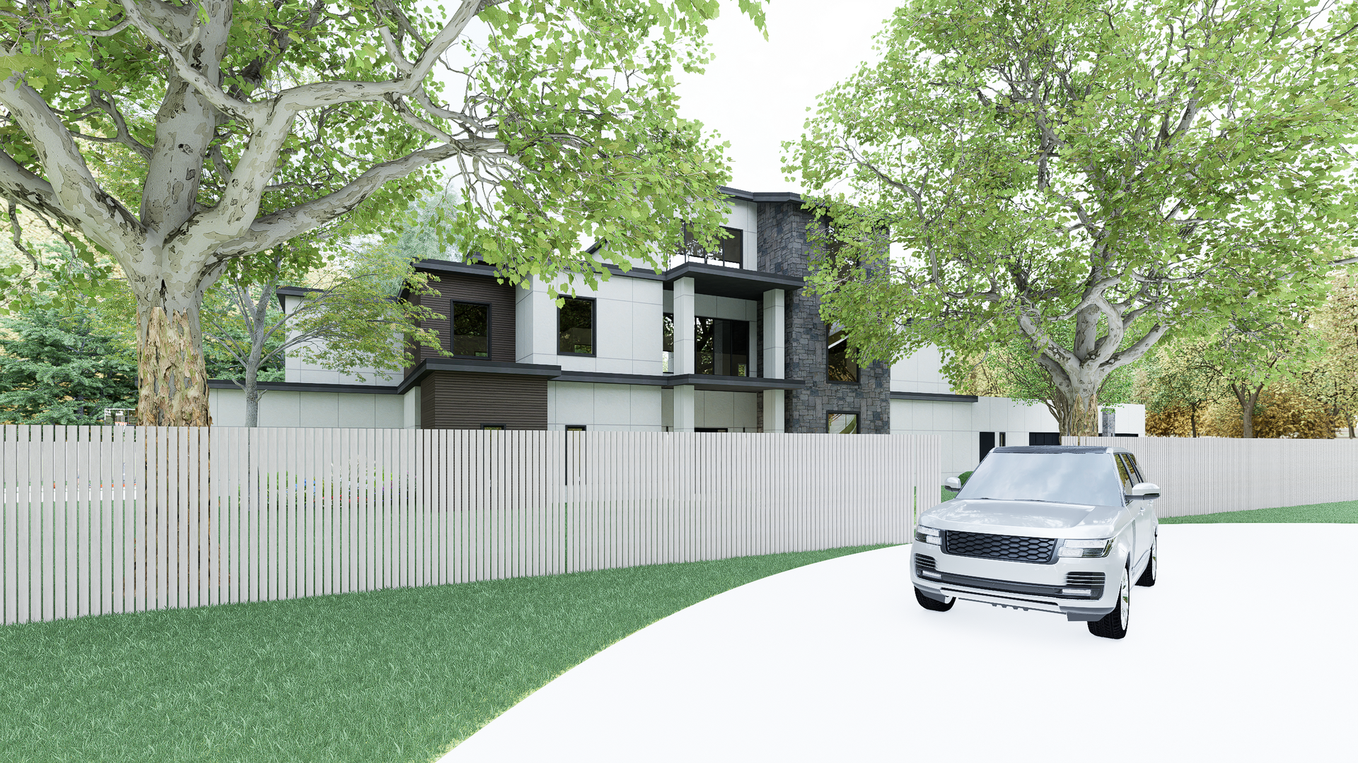 A car is parked in front of a house with a white fence.