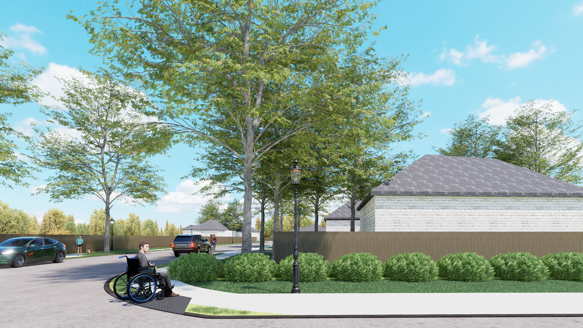 A person in a wheelchair is rolling down a sidewalk in front of a neighborhood rendering.