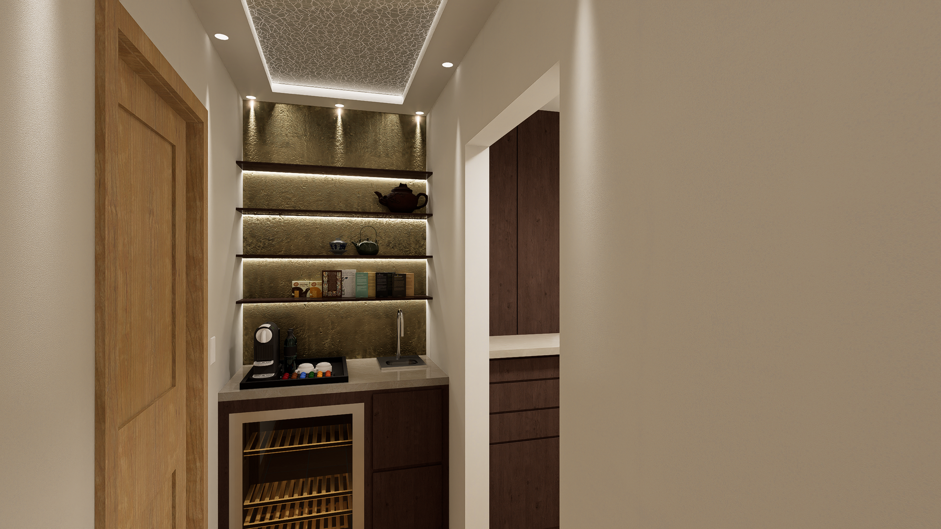 A 3d rendering of a kitchen with a wine cooler and shelves.