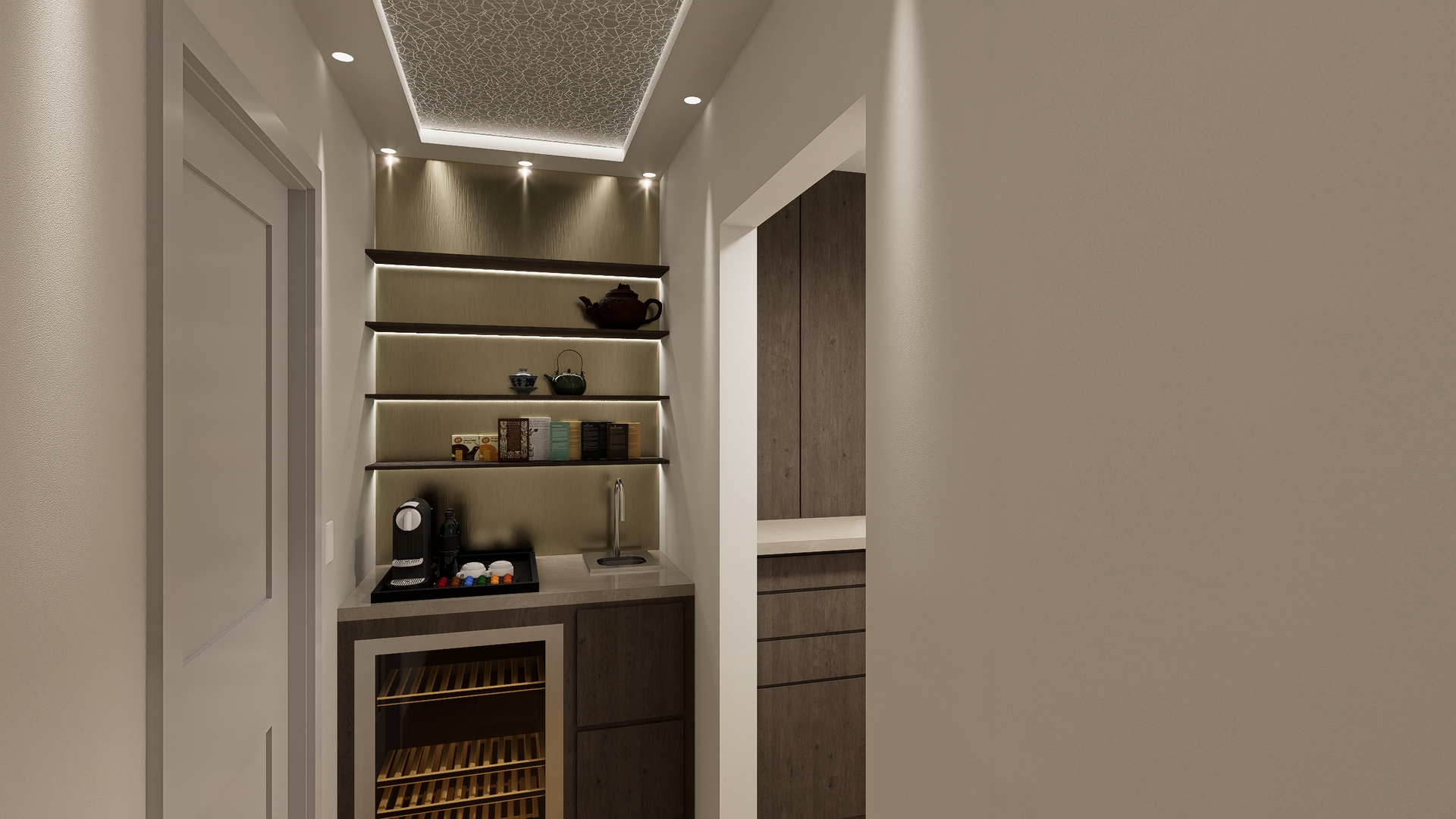 A 3d rendering of a kitchen with a wine cooler and shelves.