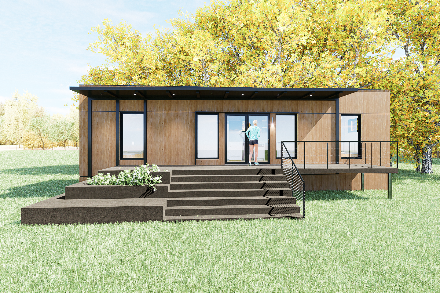 A rendering of a house with stairs leading up to it in a grassy field.