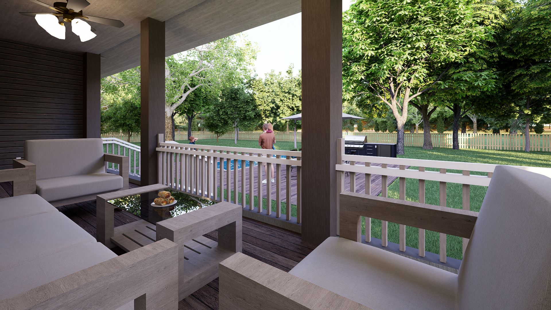 A 3D rendering porch with a couch , chairs , a table and a ceiling fan.