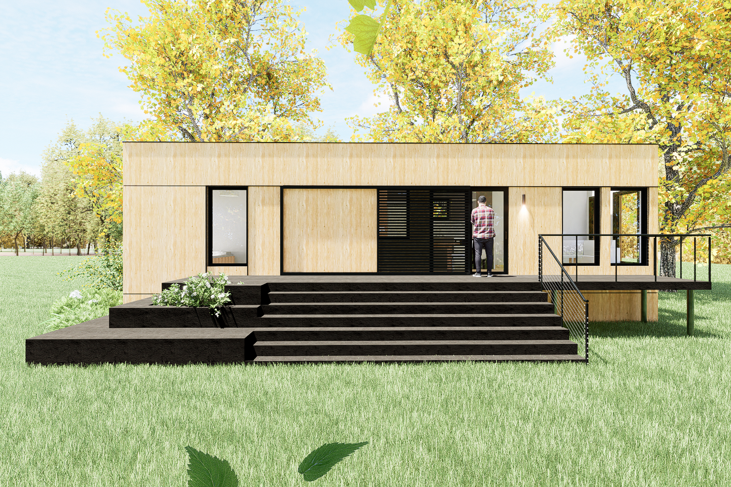 A man is standing in front of a small shipping container  house.