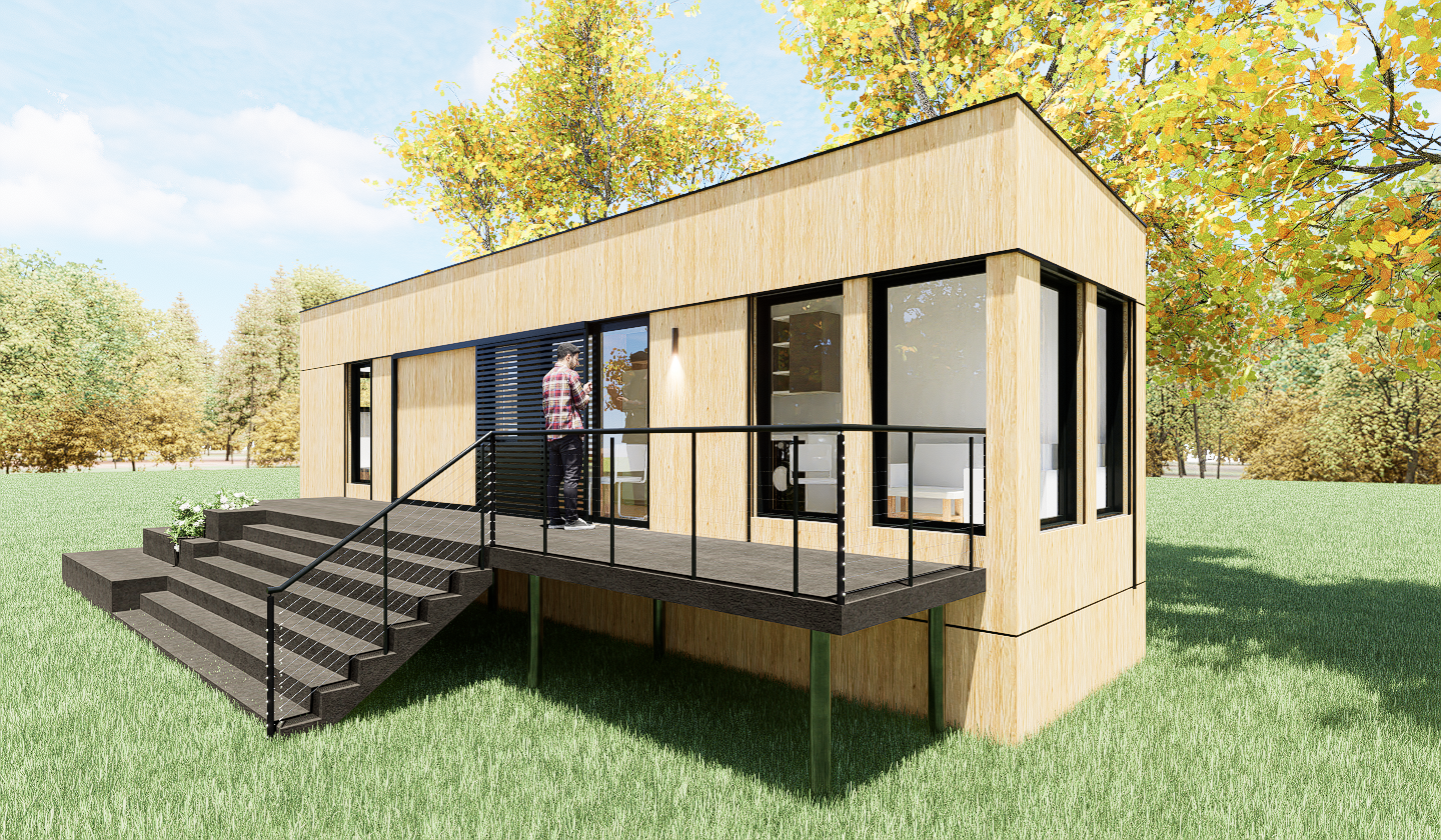 A small shipping container  house with stairs leading up to it is sitting on top of a lush green field.