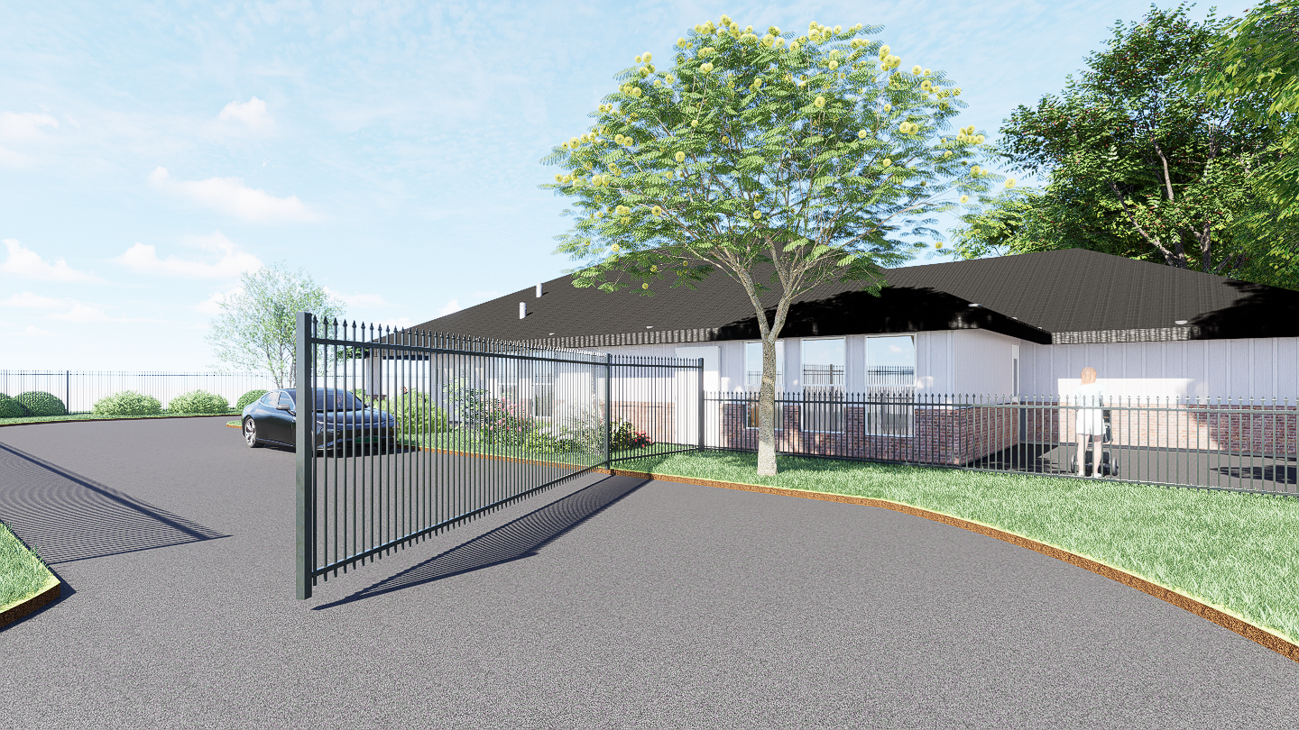 An artist 's impression of a house with a fence and trees in front of it.