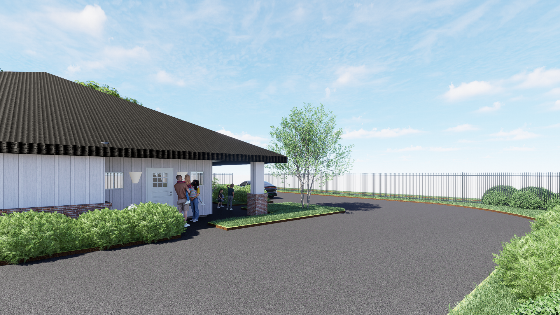 A rendering of a childcare facility with a driveway leading to it.