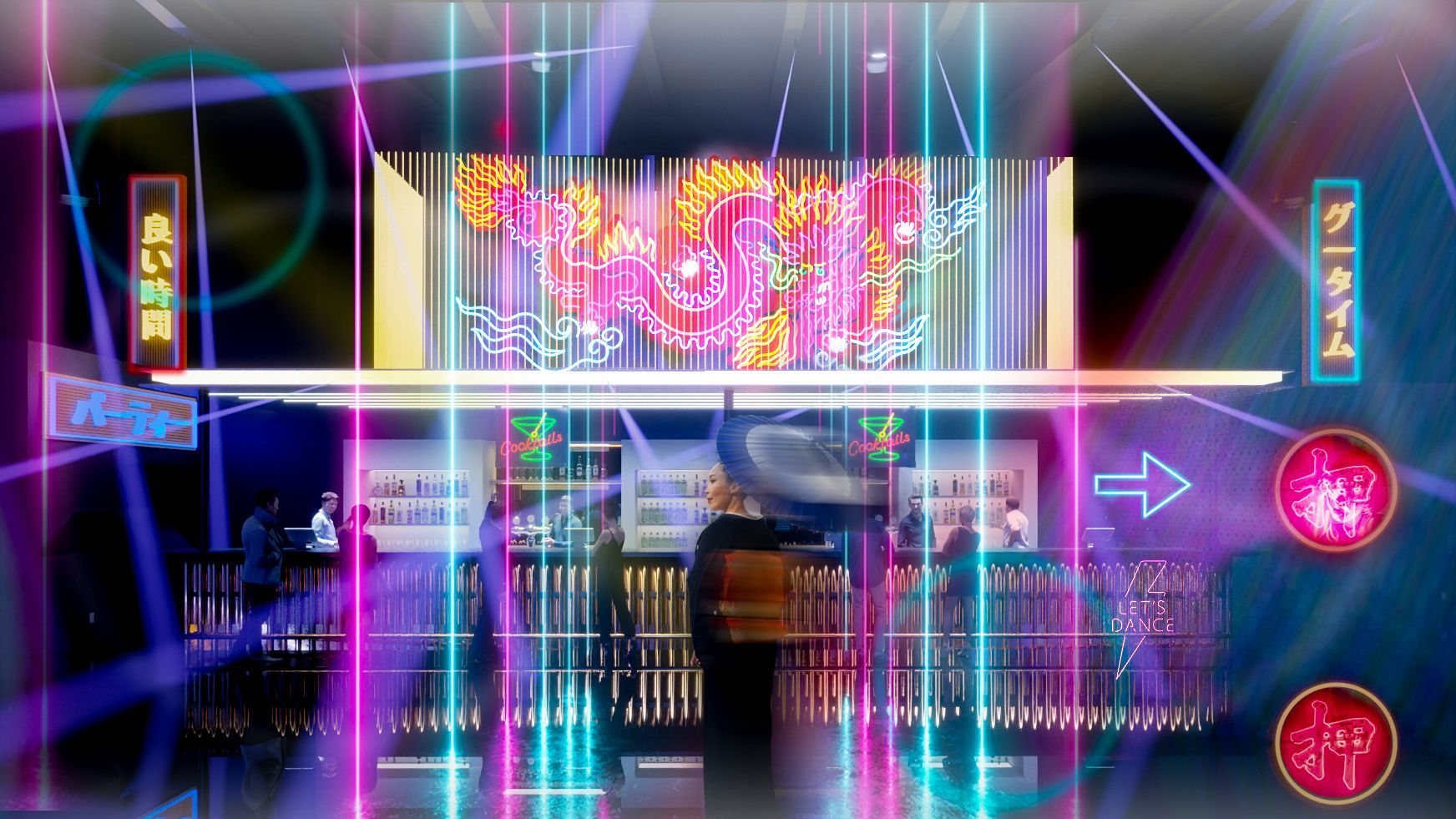 A computer generated image of a night club with neon lights