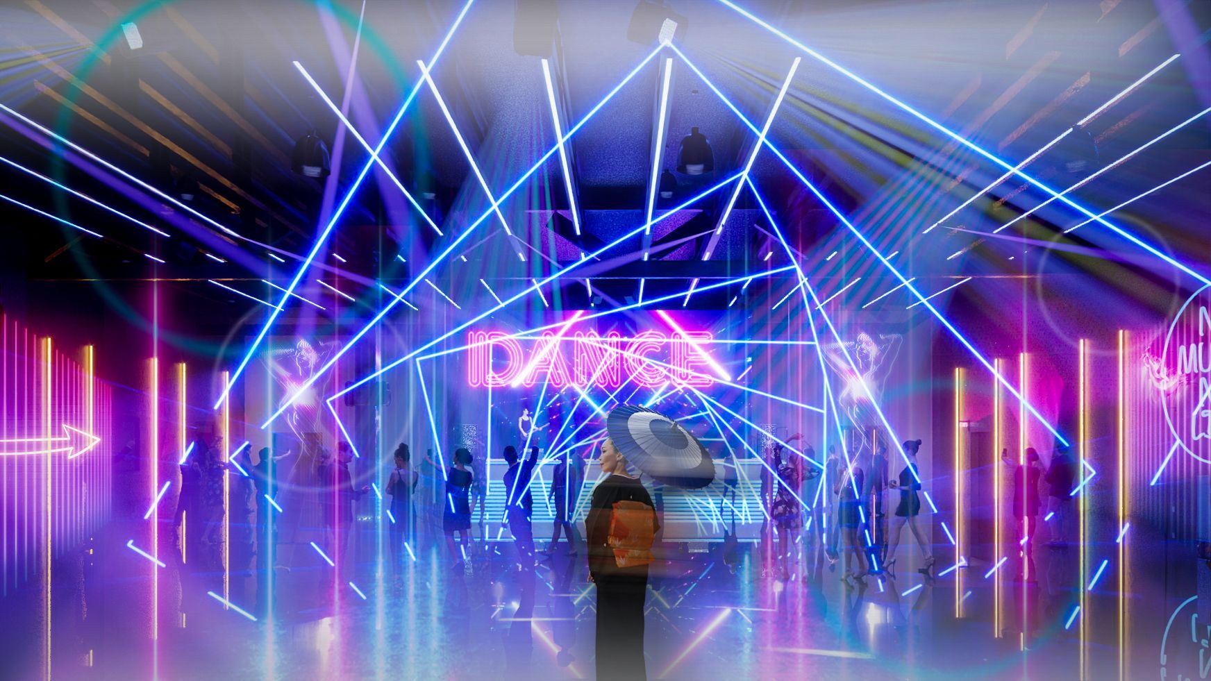An artist 's impression of a nightclub with a lot of lights.