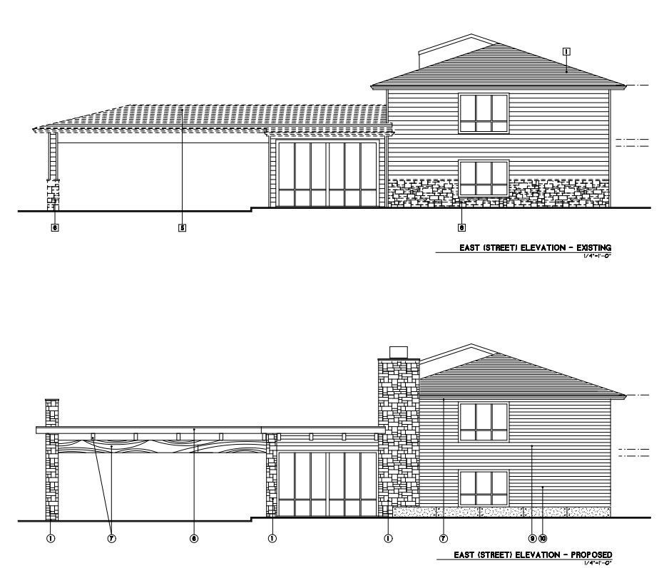 A black and white drawing of a house with a garage