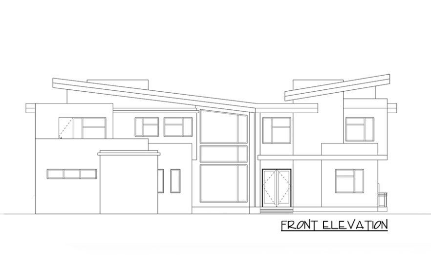 A black and white drawing of the front elevation of a house.
