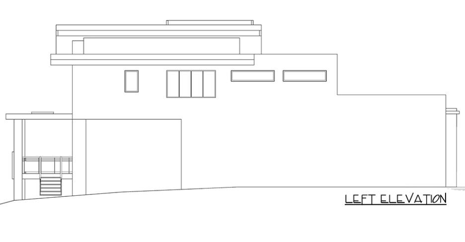 A black and white drawing of a house with a left elevation.