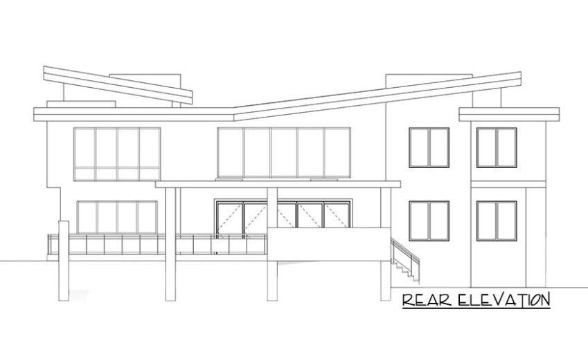 A black and white drawing of the rear elevation of a house.