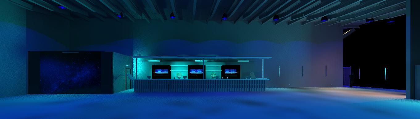 A large room with blue lights on the ceiling and walls.