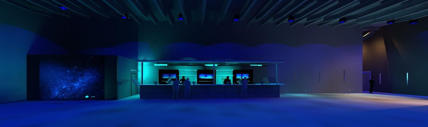 A dark room with blue lights and a counter in the middle.
