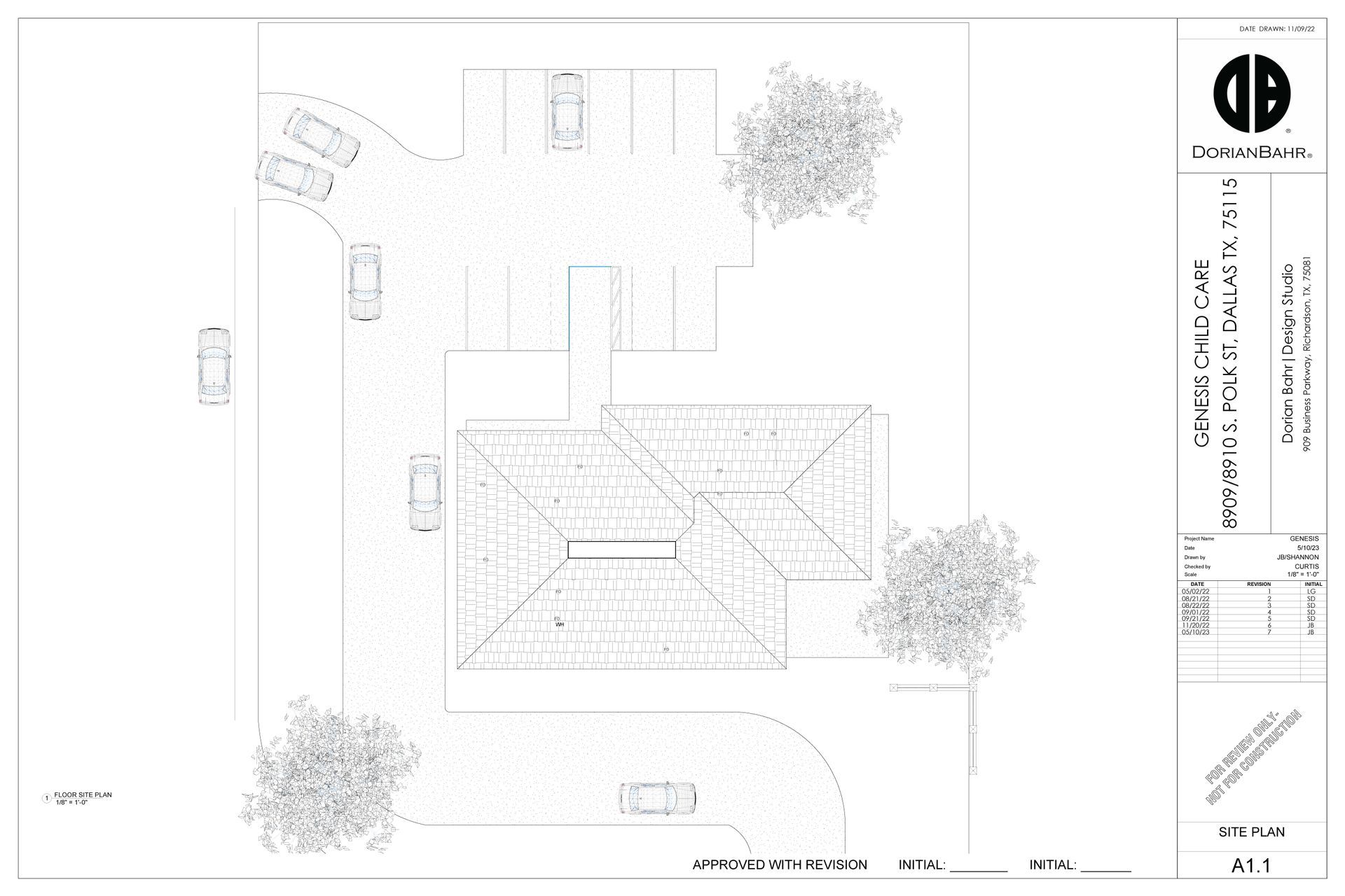 A black and white drawing of a childcare facility with a roof and trees.