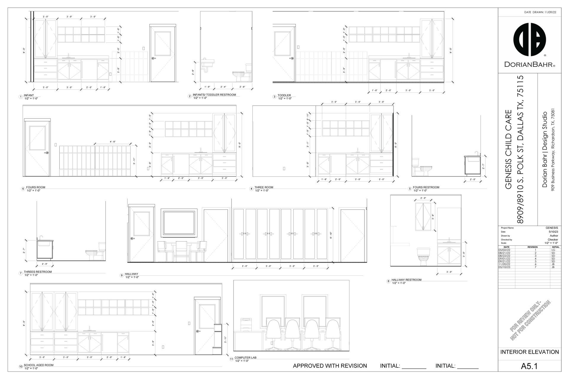 A black and white drawing of a childcare facility building with a lot of drawings on it
