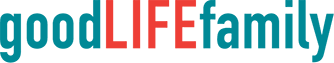 A blue and red logo for goodlife family