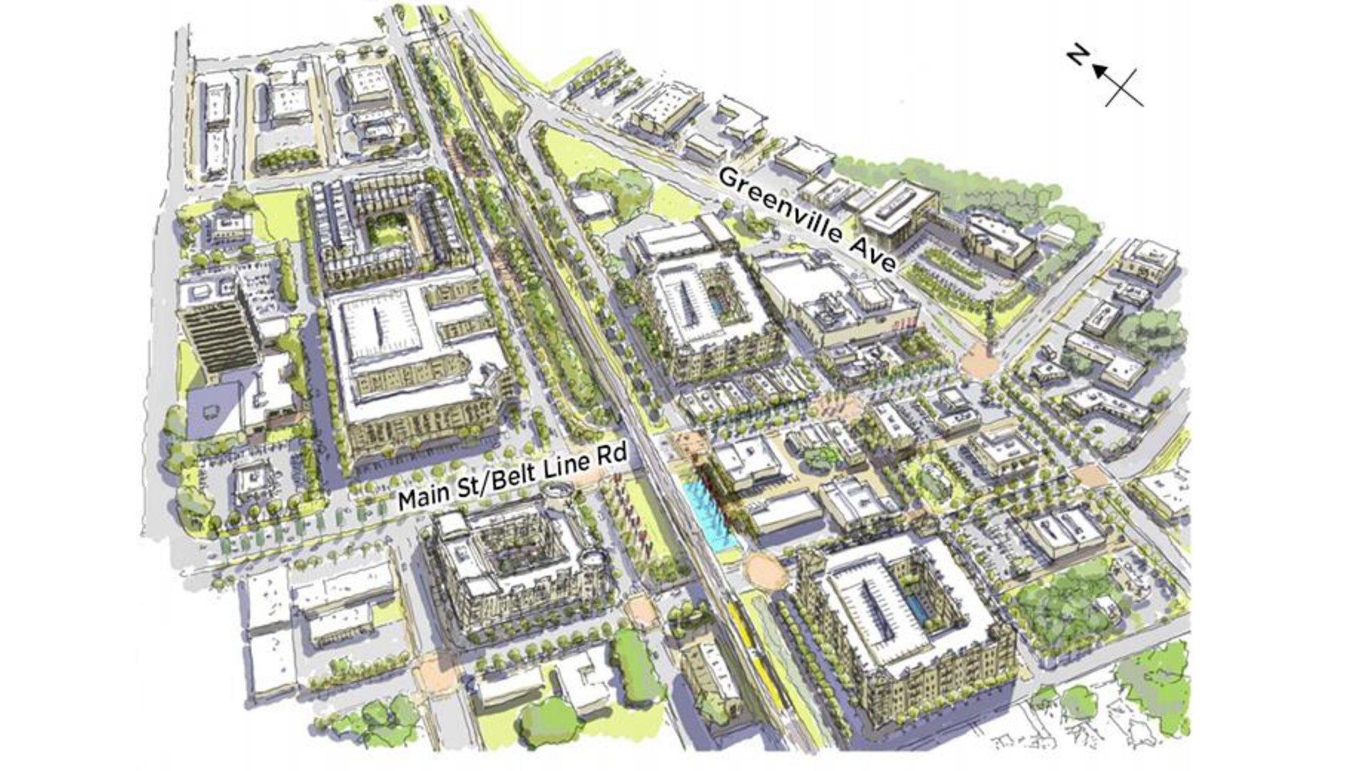 An aerial view of a city with lots of buildings and trees.