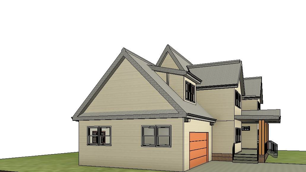 A 3D rendering  of a house with an orange garage door