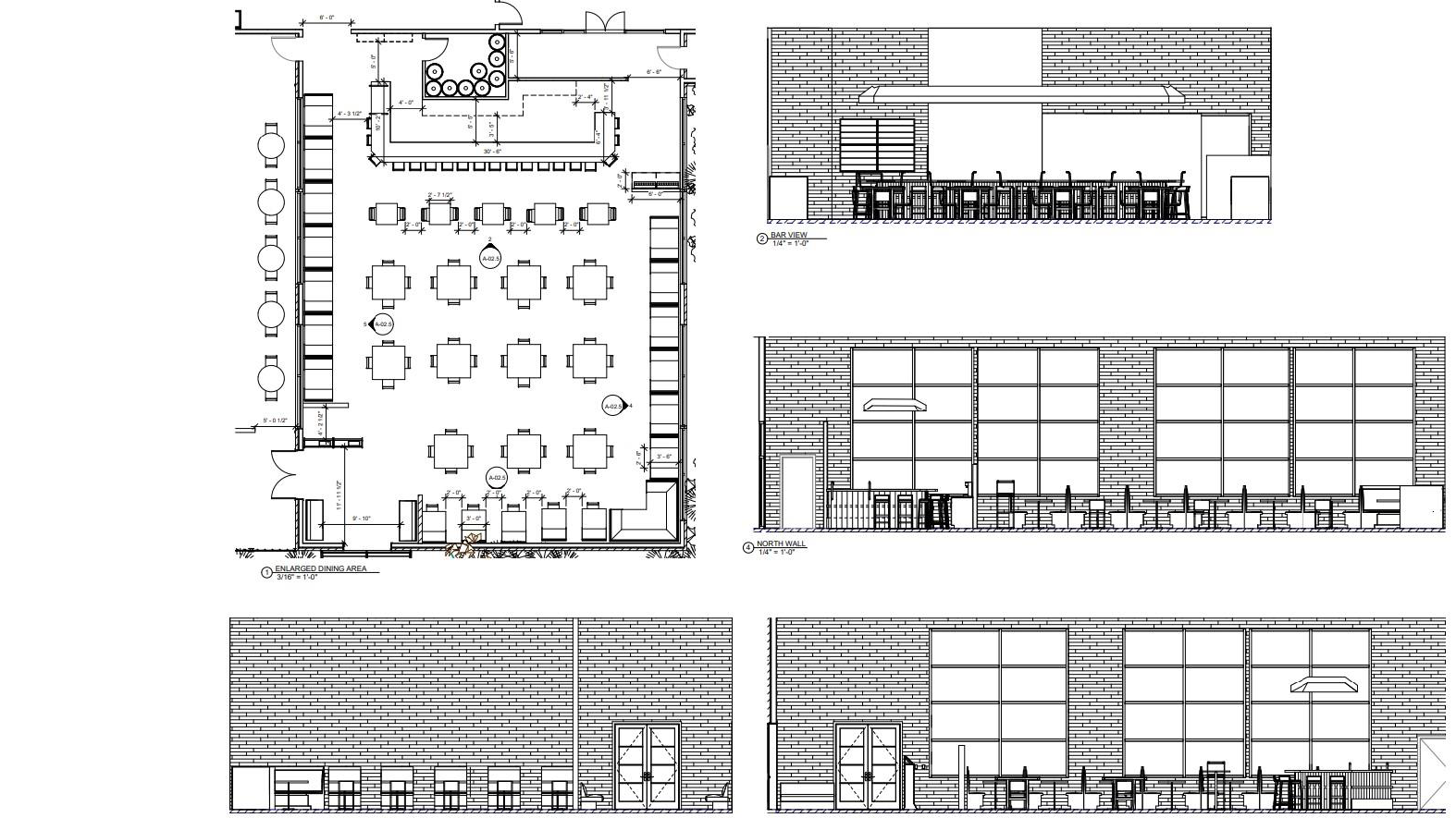 A black and white drawing of a building with a lot of windows.