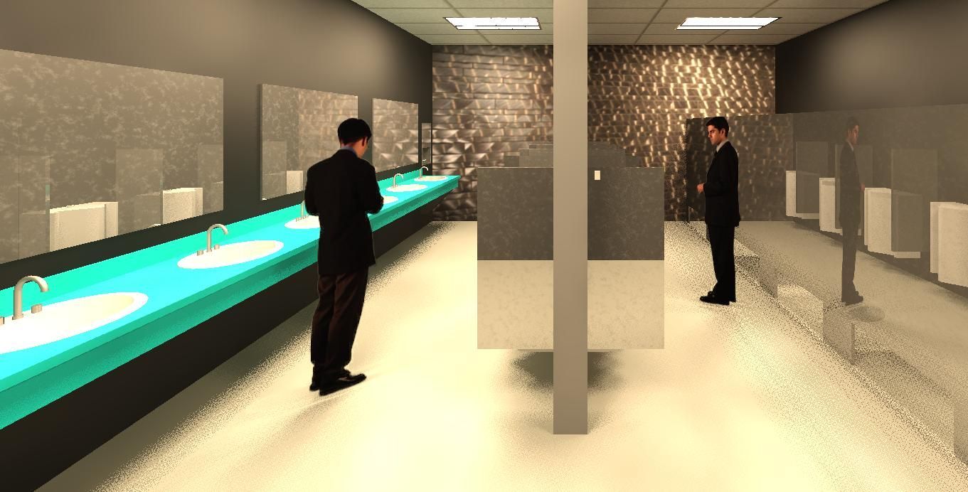 Two men are standing in a public restroom looking at each other.