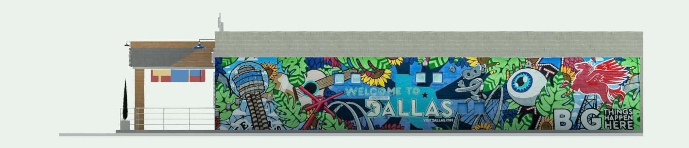 A drawing of a building with the word dallas on it