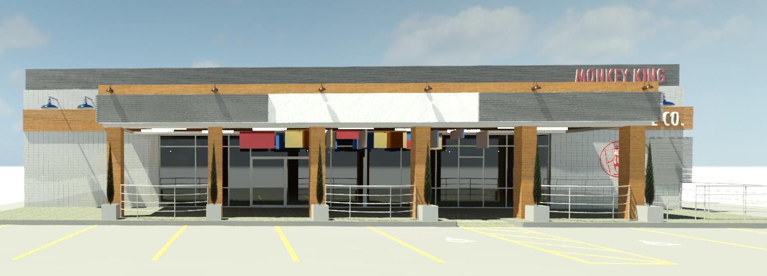 A 3d rendering of a monkey king noodle co. restaurant.