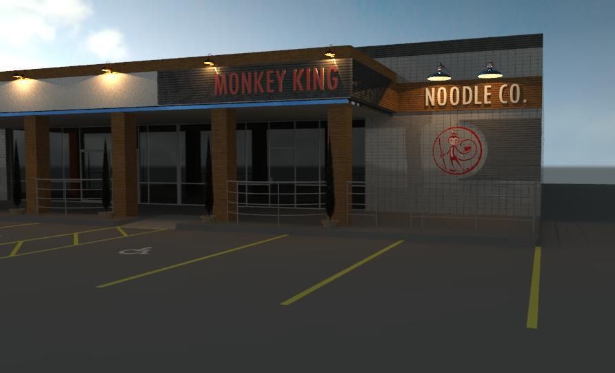 A 3d rendering of a monkey king noodle co. restaurant