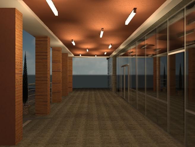 A long hallway with a ceiling that has lights on it