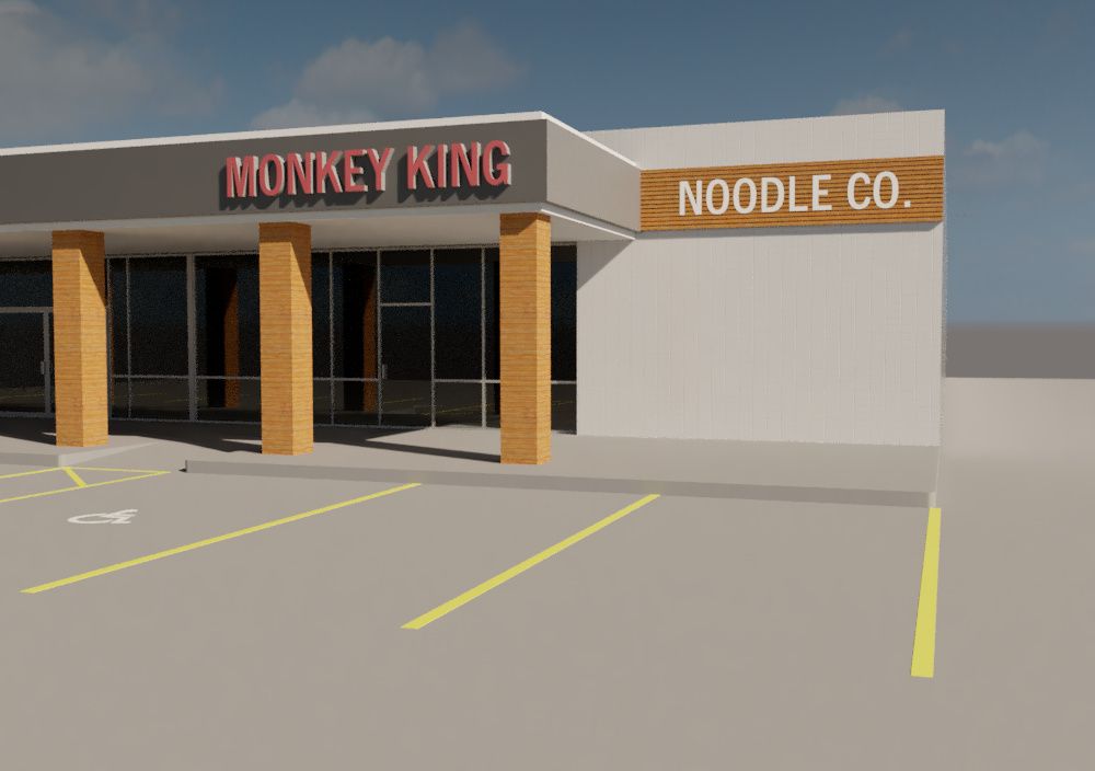 A 3d rendering of a monkey king noodle co. restaurant.