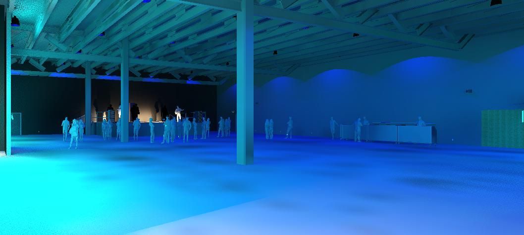 A group of people are standing in an empty room with blue lights.