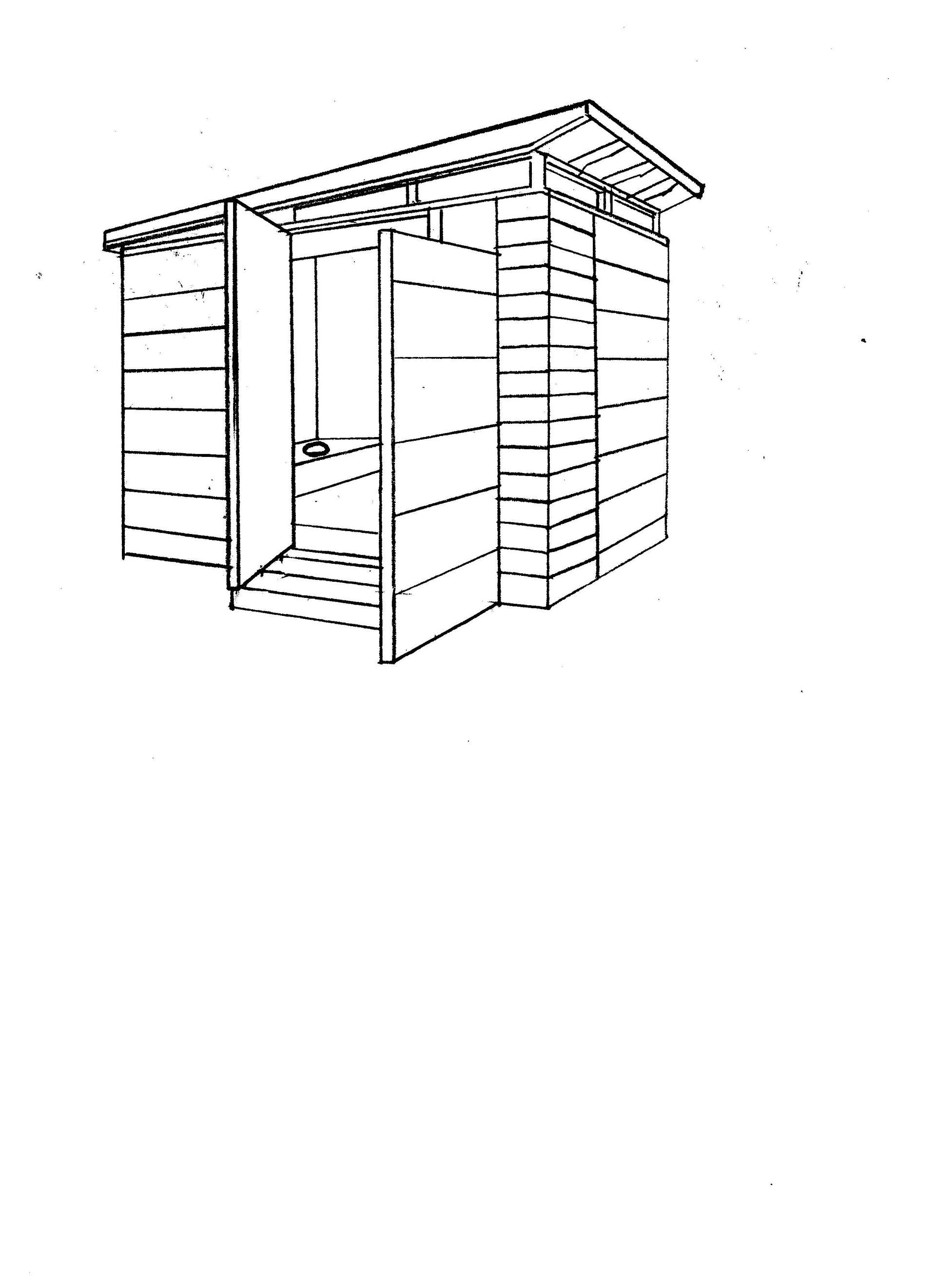 A black and white drawing of a shed with a door open.