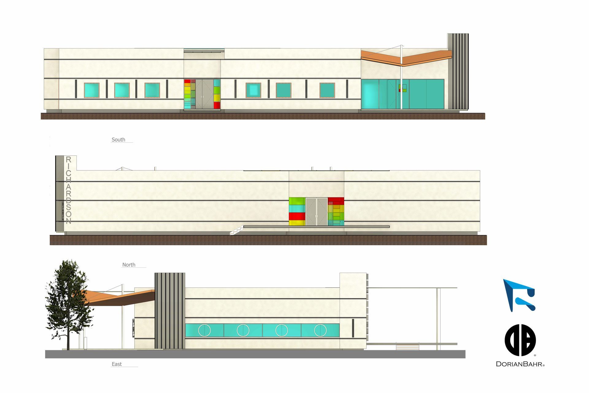 Three drawings of a building with a tree in front of it.