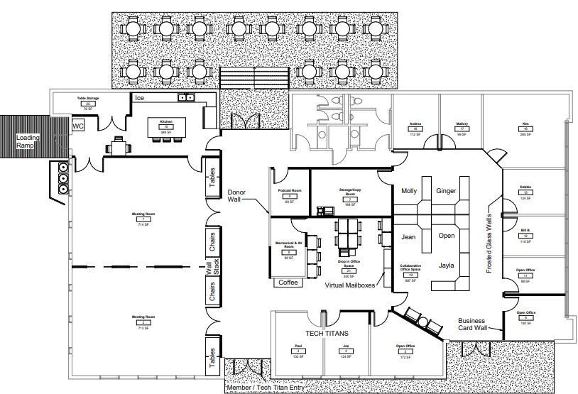 A black and white floor plan of a large building.