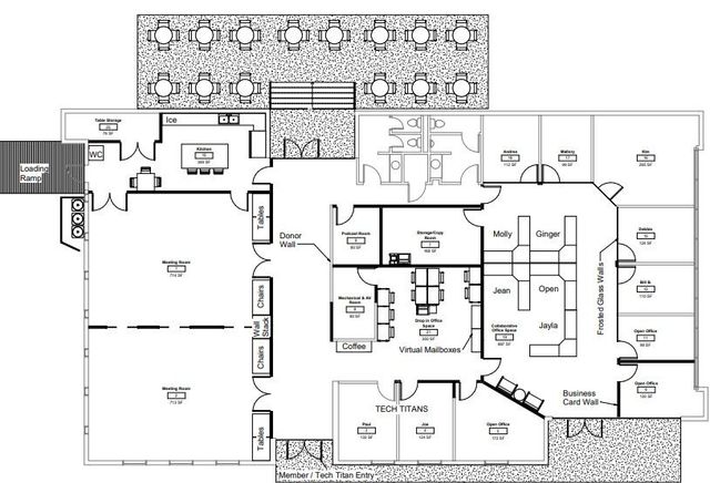 A black and white floor plan of a large building.