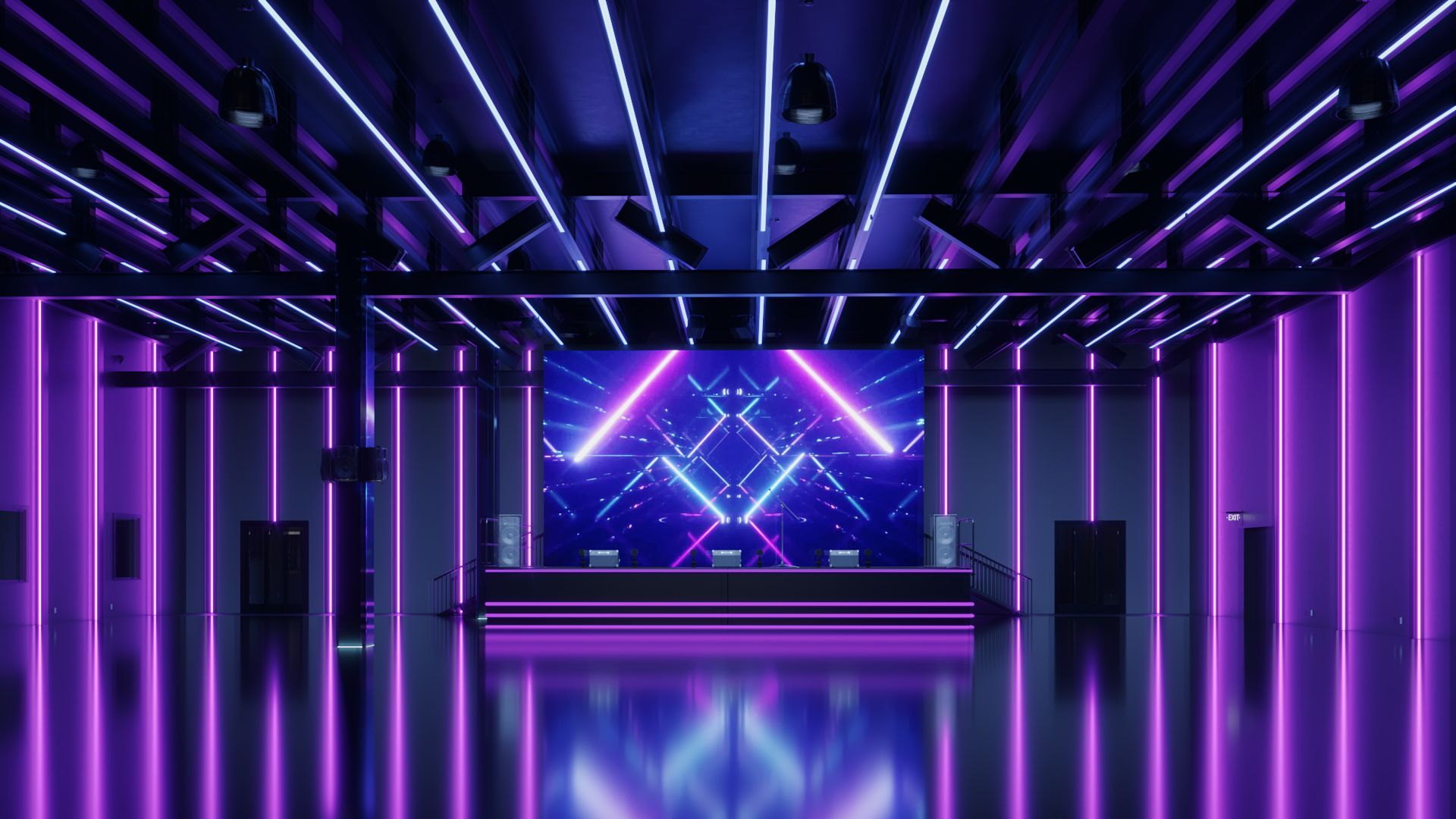 A 3d rendering of a nightclub with purple lights and a stage.