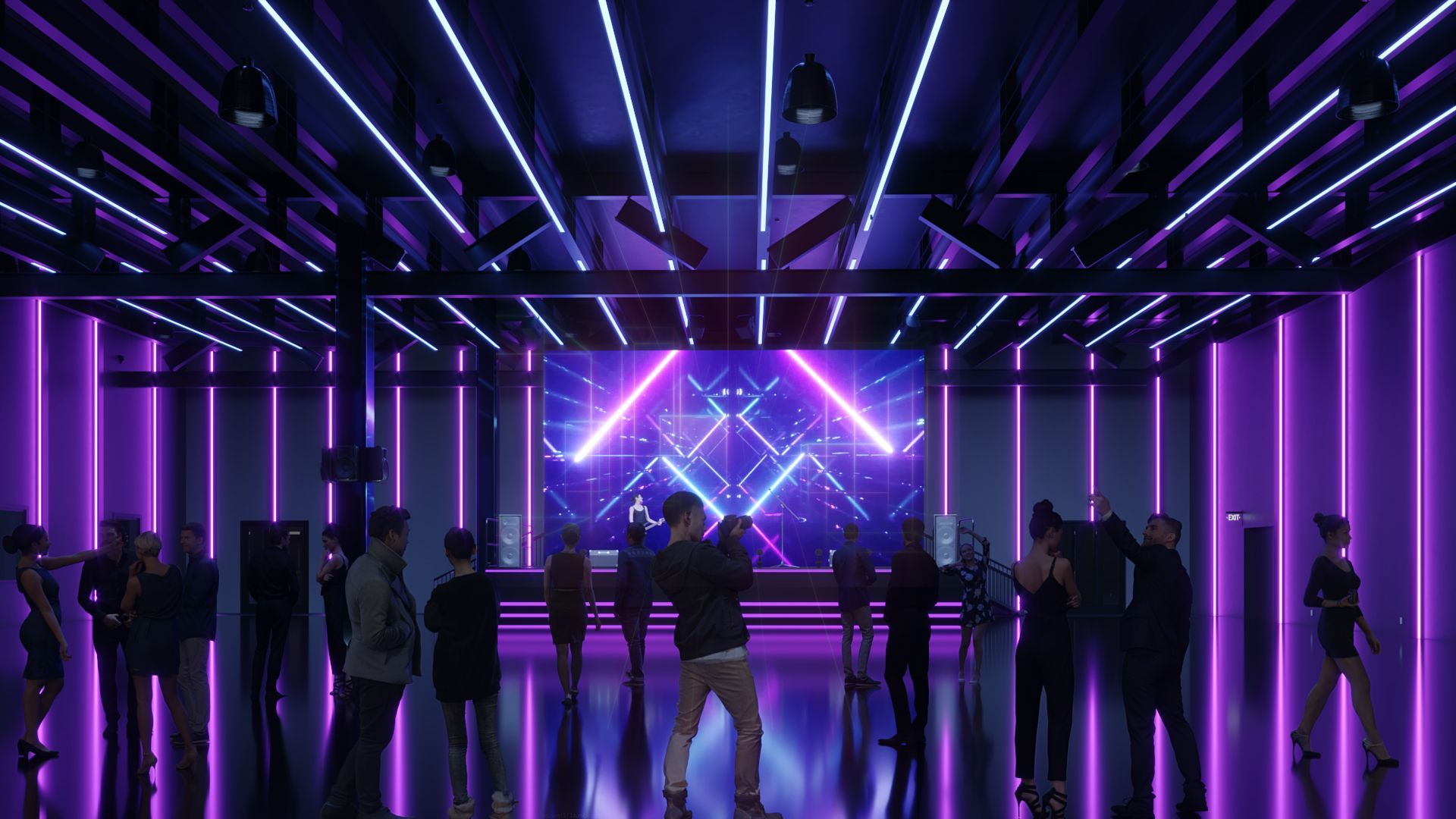 A group of people are standing in a large room with purple lights.