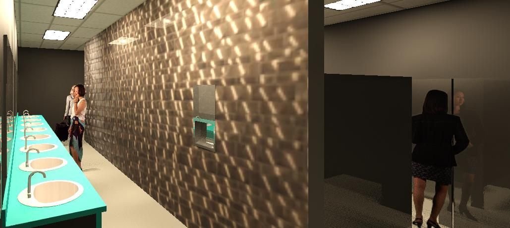 A woman is walking down a hallway in a bathroom.