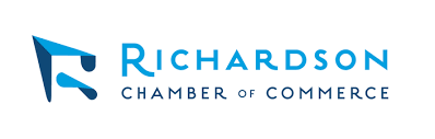 The logo for the richardson chamber of commerce is blue and white.