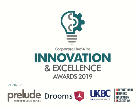 A logo for the innovation and excellence awards 2019 with a light bulb and gear.