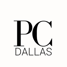 A black and white logo for pc dallas on a white background.