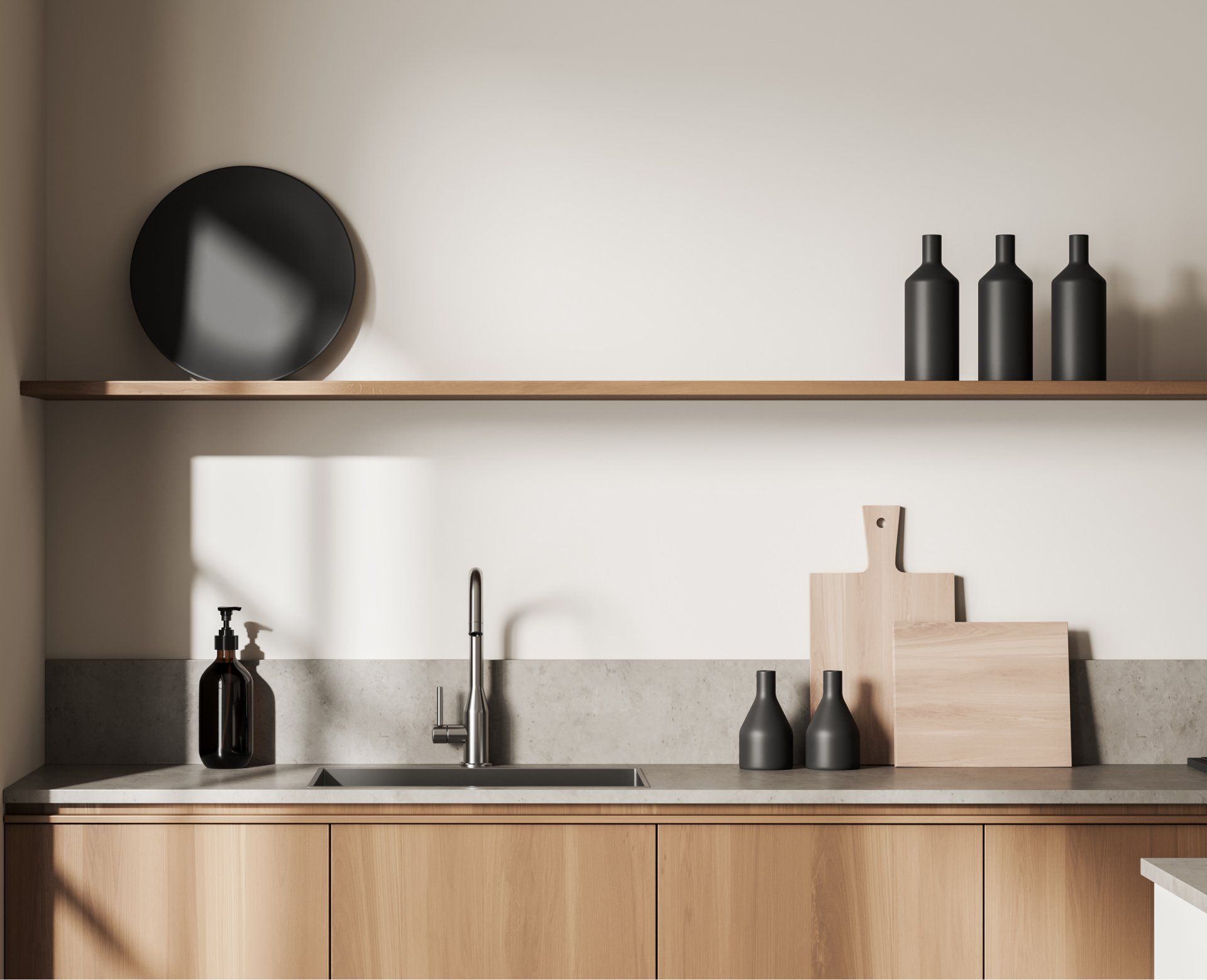 A kitchen with wooden cabinets and a sink.