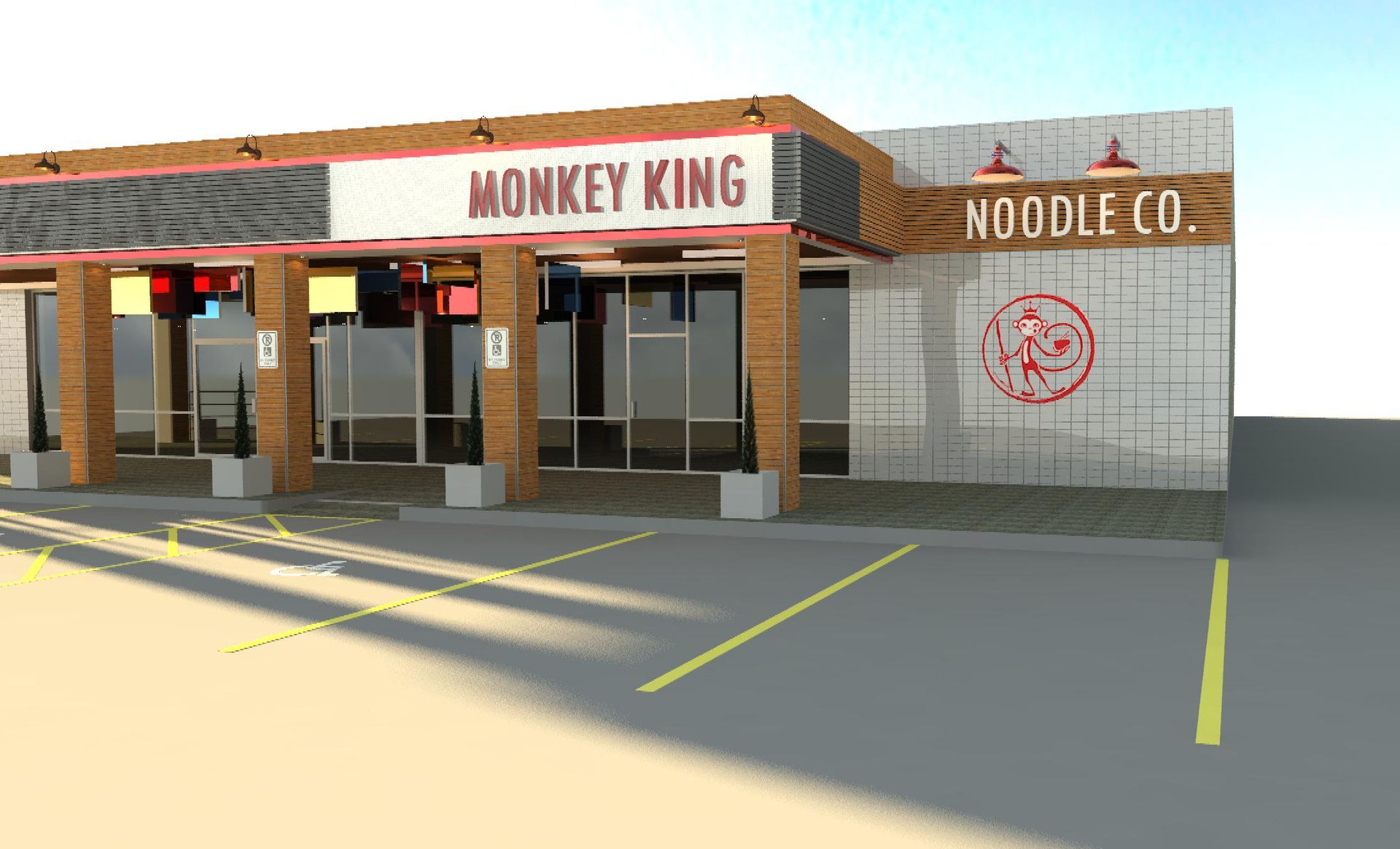 A 3d rendering of a monkey king noodle co. restaurant.