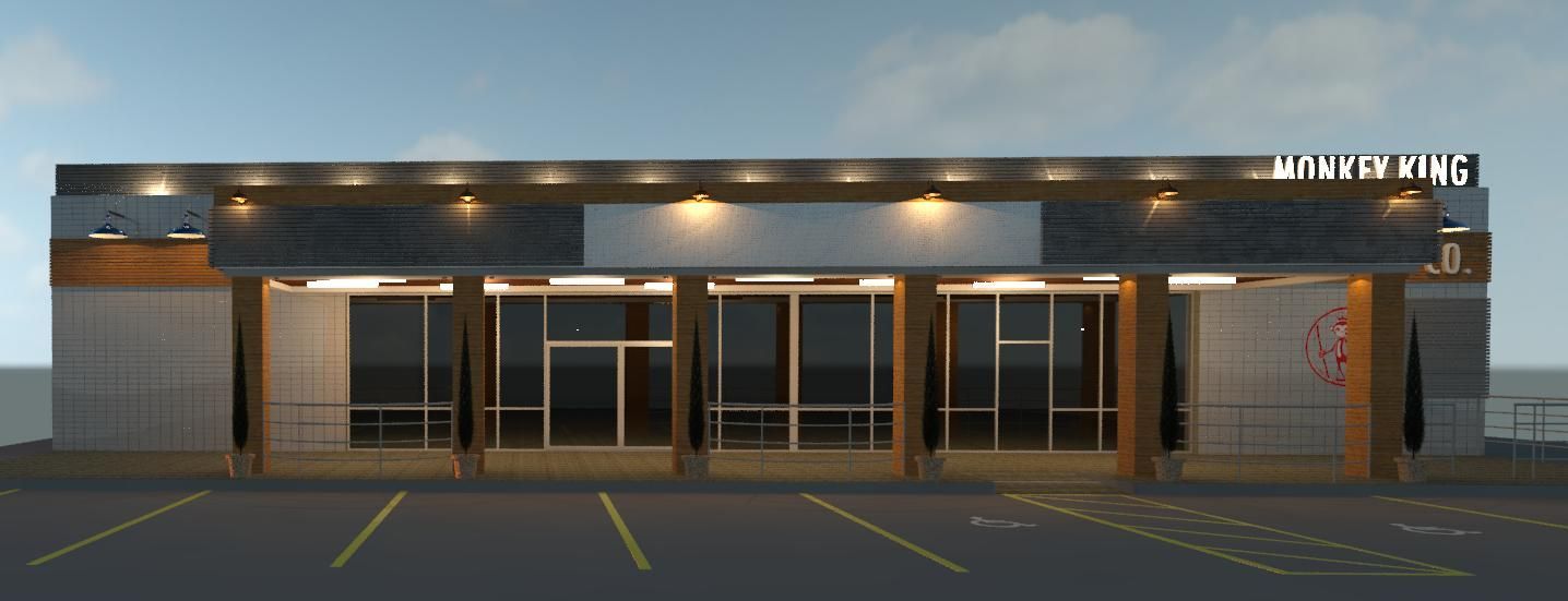 A 3d rendering of a monkey king noodle co. restaurant.