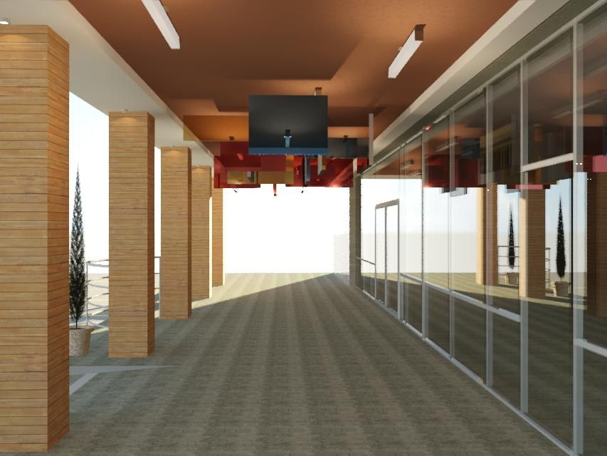 A long hallway with a lot of windows and columns