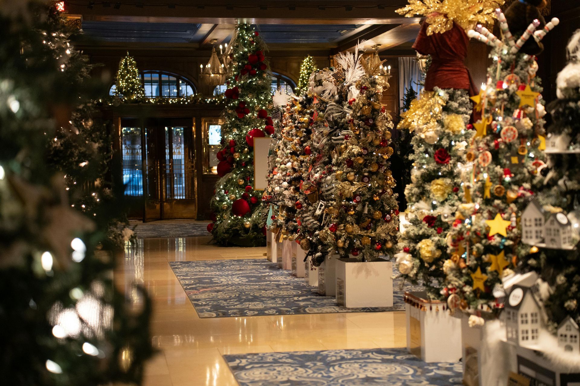 A hallway filled with lots of christmas trees decorated for the holidays.