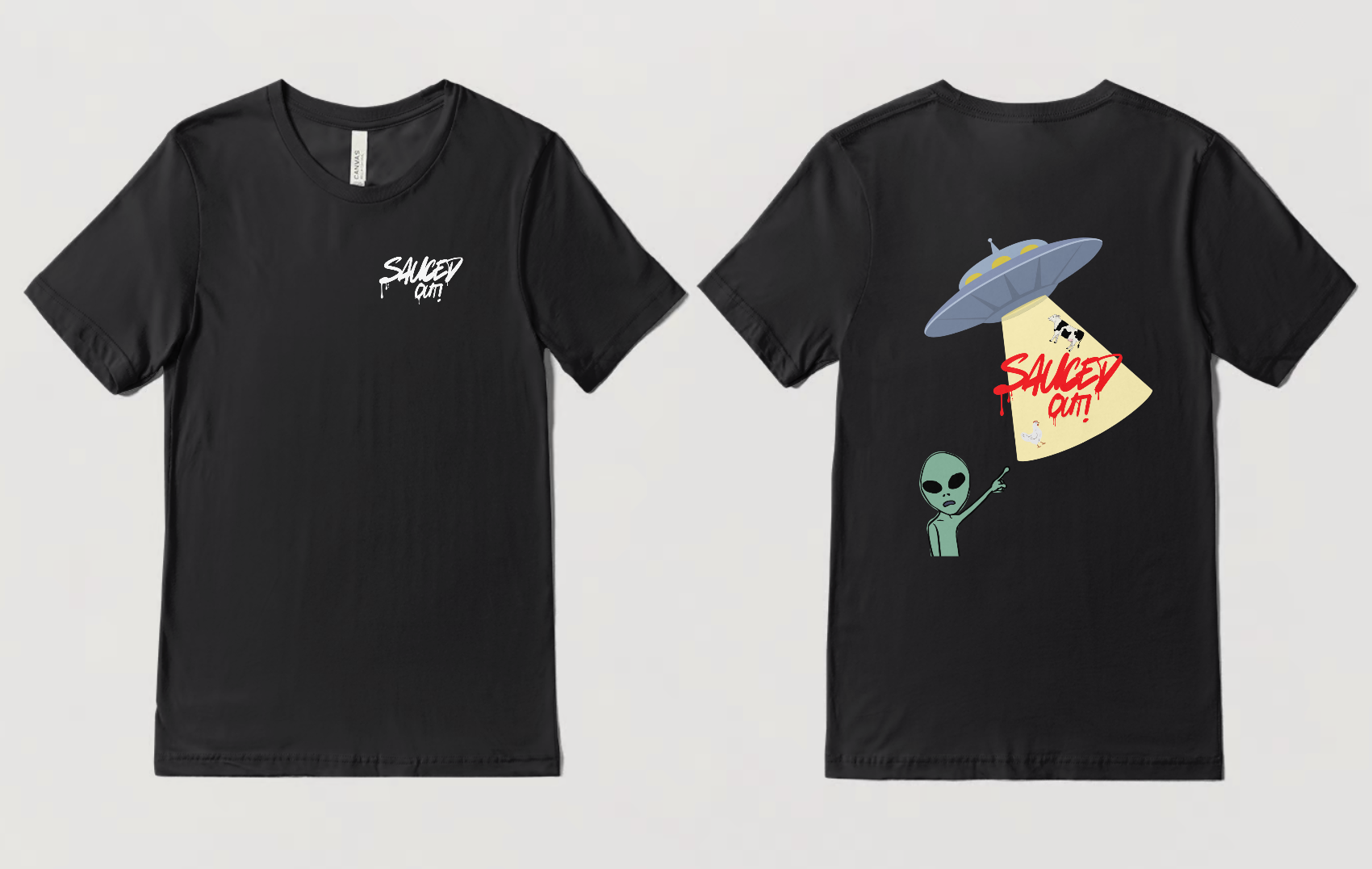 The front and back of a black t-shirt with an alien flying through a ufo.