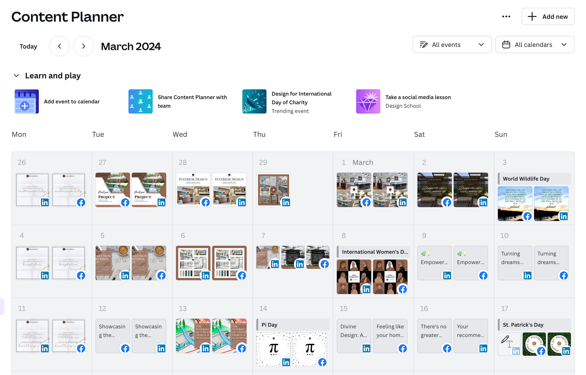 A screenshot of a content planner showing a calendar for march 2021