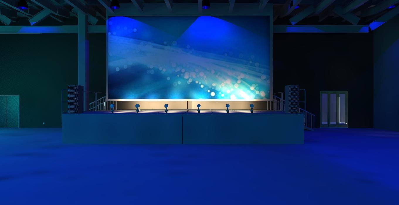 There is a large screen on the wall in the middle of the room.